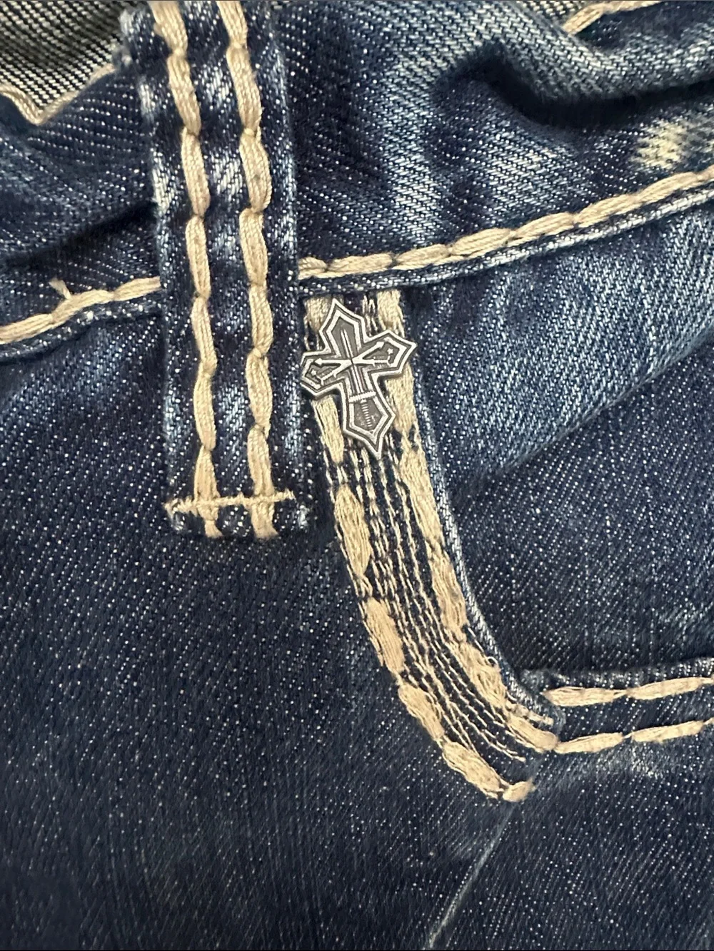 Antique Rivet Men's Dark Blue Distressed Slim Straight Jeans